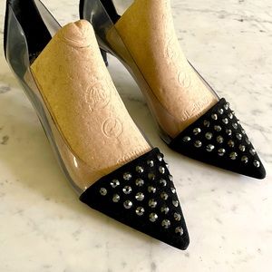 Taccetti black suede low heels with clear plastic and sparkly studs size 38 7.5